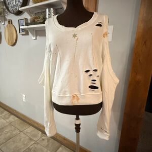 SMFK crewneck sweatshirt size small thrashed trashed cream color destroyed paint